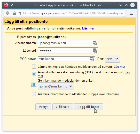 Gmail POP Lägg till Konto